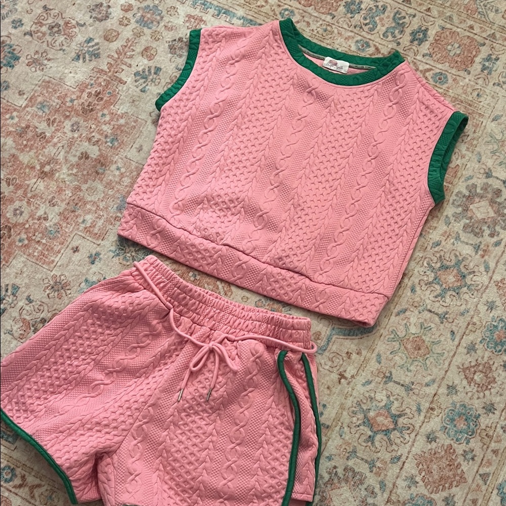 Pink Textured Knit Top and Shorts Set